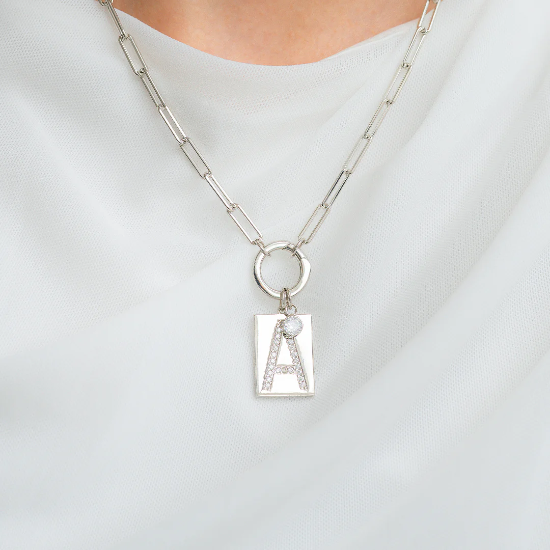 Sterling Silver Pave Initial Pendant Necklace with Paperclip Chain
