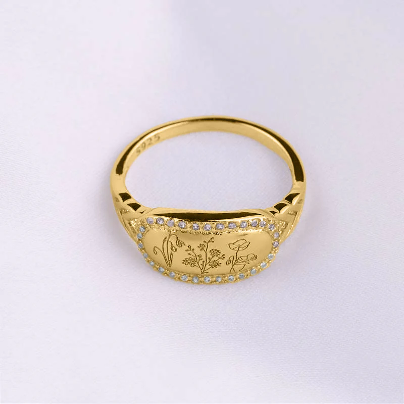 Personalized Birth Flower Bejeweled Ring