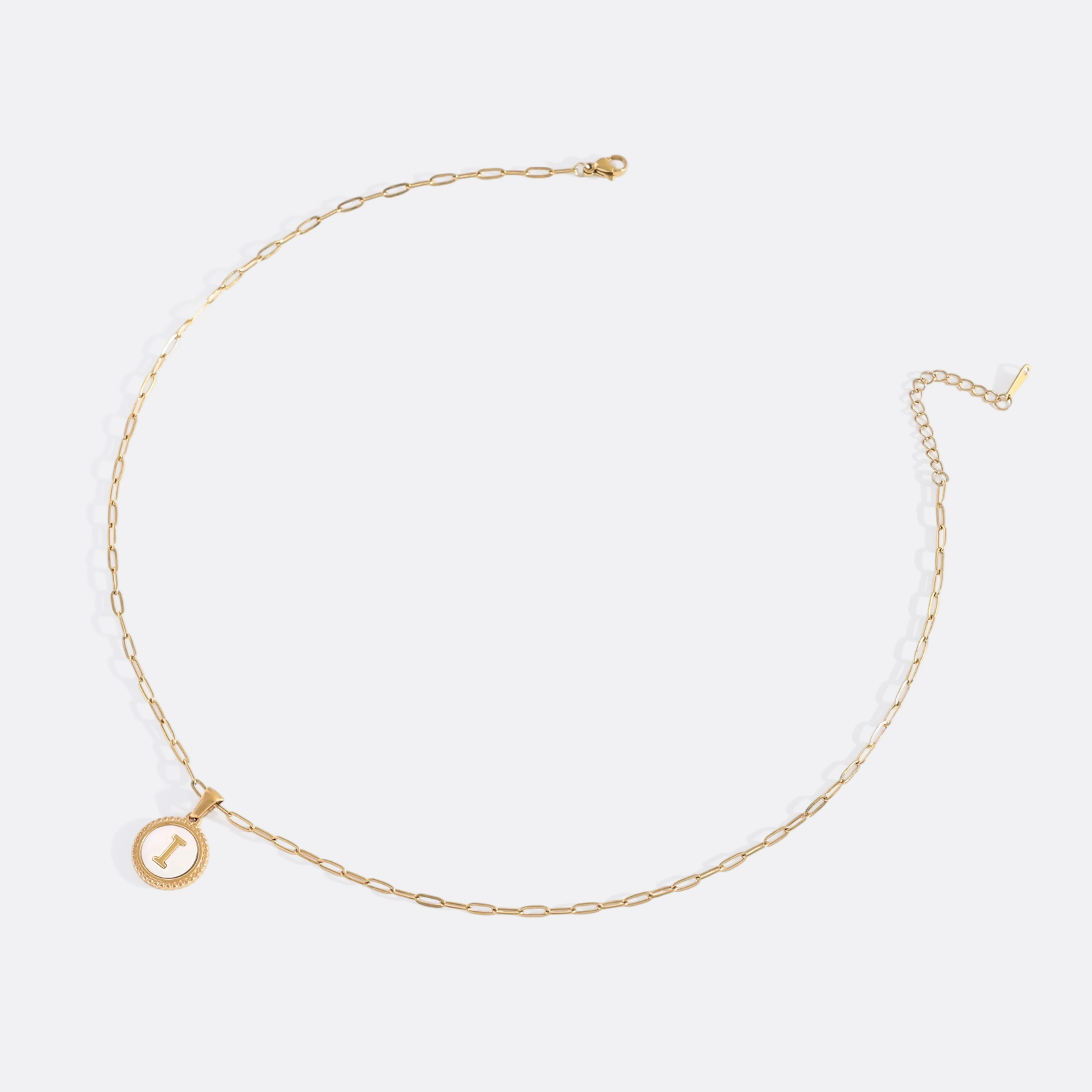 Mother of Pearl Disc Letter Necklace with Paperclip Chain