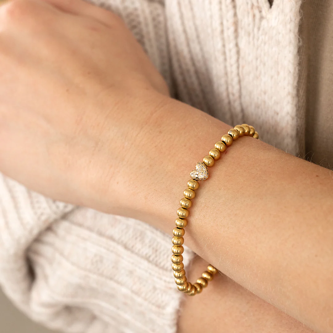 Pave Heart Gold Beaded Bracelet