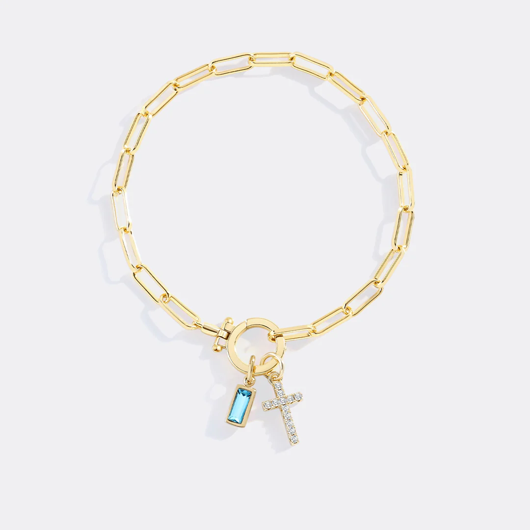 Cross Charm Birthstone Paperclip Bracelet