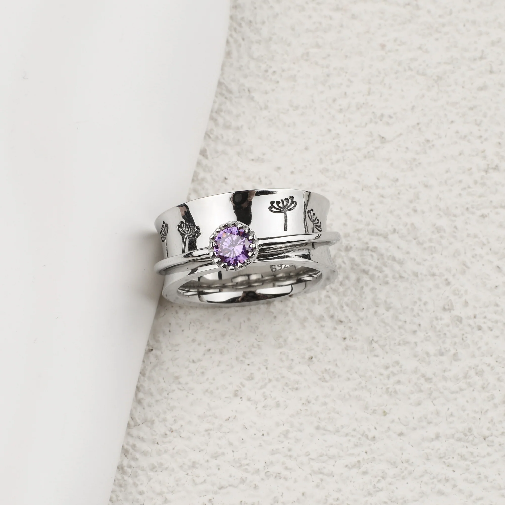 Silver Dandelion Birthstone Spinning Fidget Ring