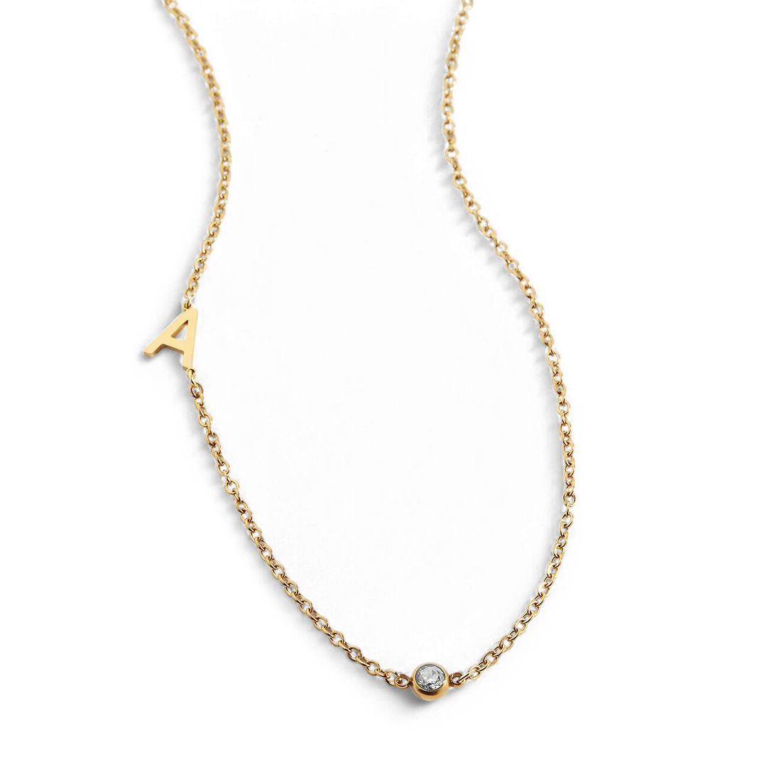 Initial Necklace with Birthstone Accent