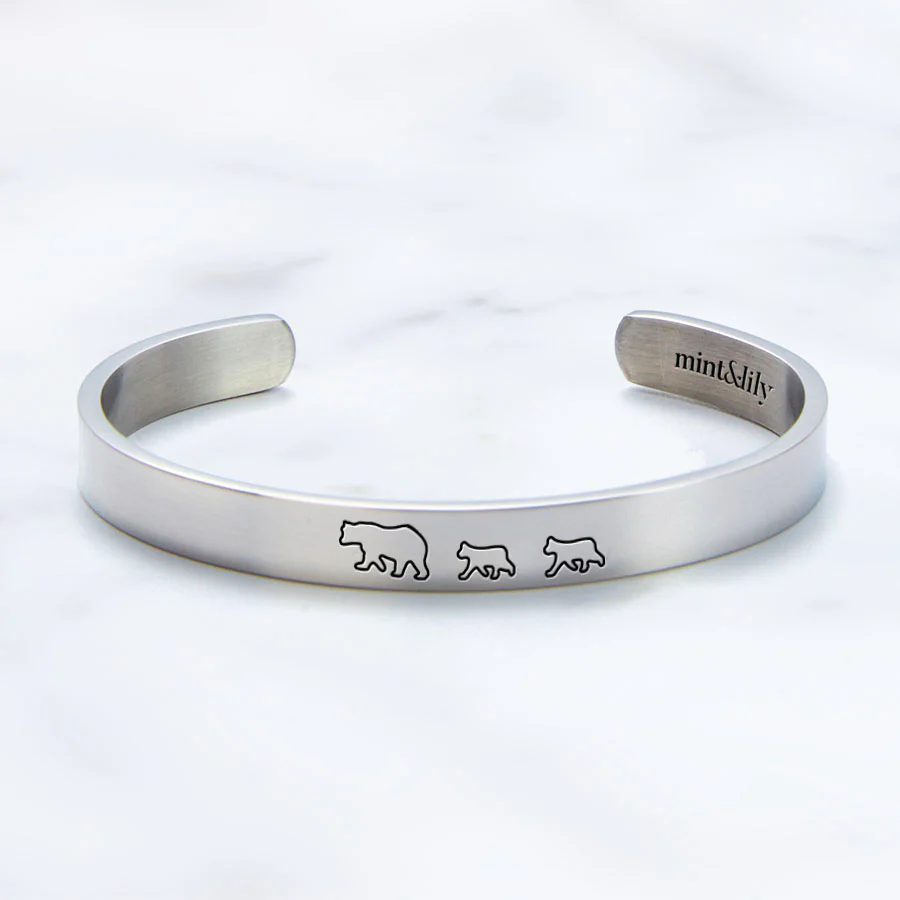 Mama Bear & Her Baby Bears Engraved Cuff Bracelet