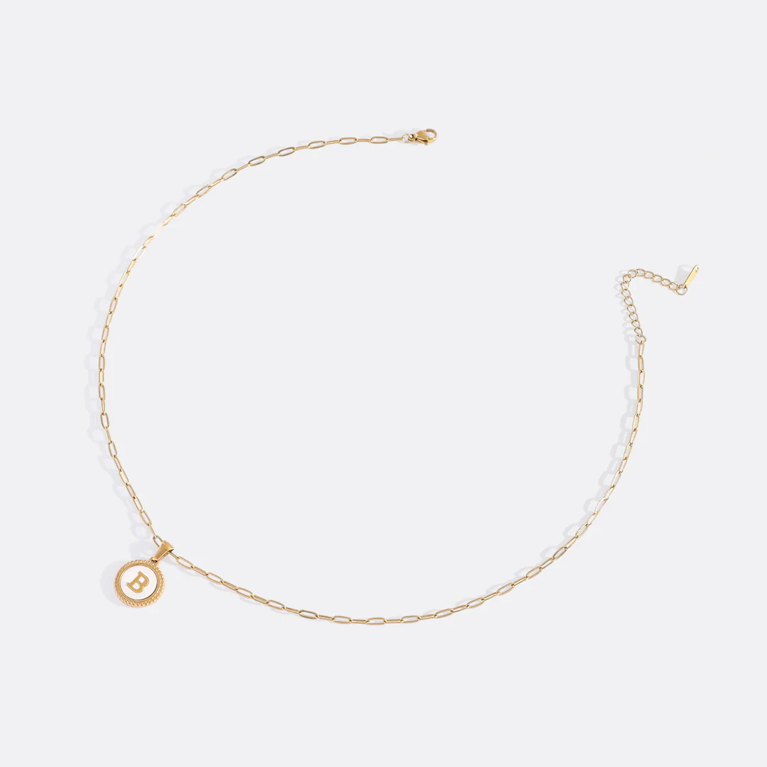 Mother of Pearl Disc Letter Necklace with Paperclip Chain