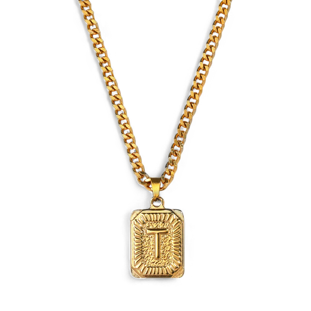 Initial Card Pendant Necklace with Curb Chain