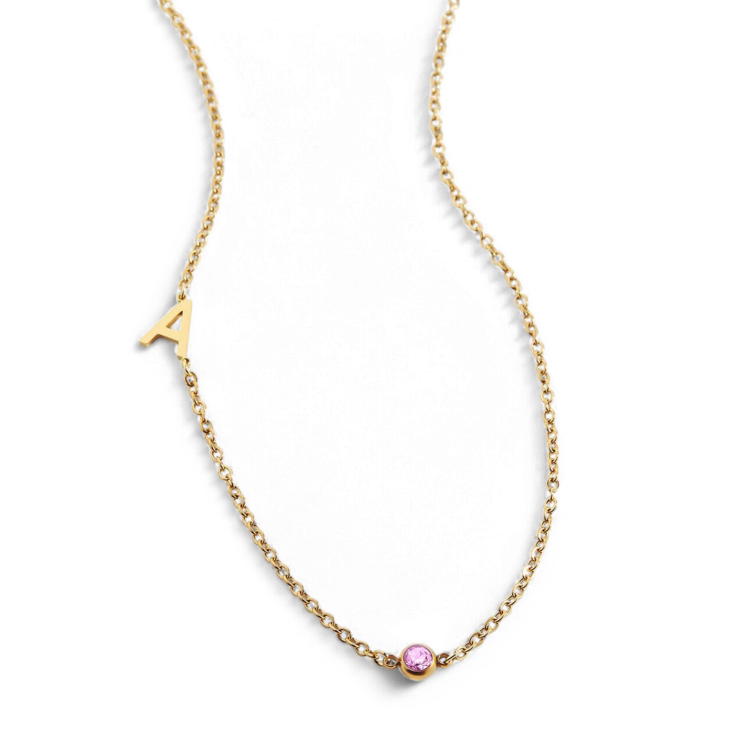 Initial Necklace with Birthstone Accent