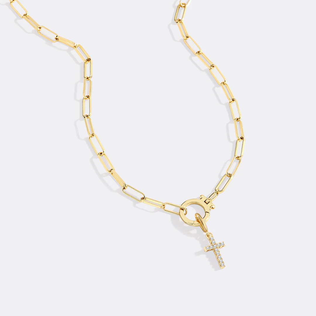 Mint Paperclip Necklace with Pave Cross Charm