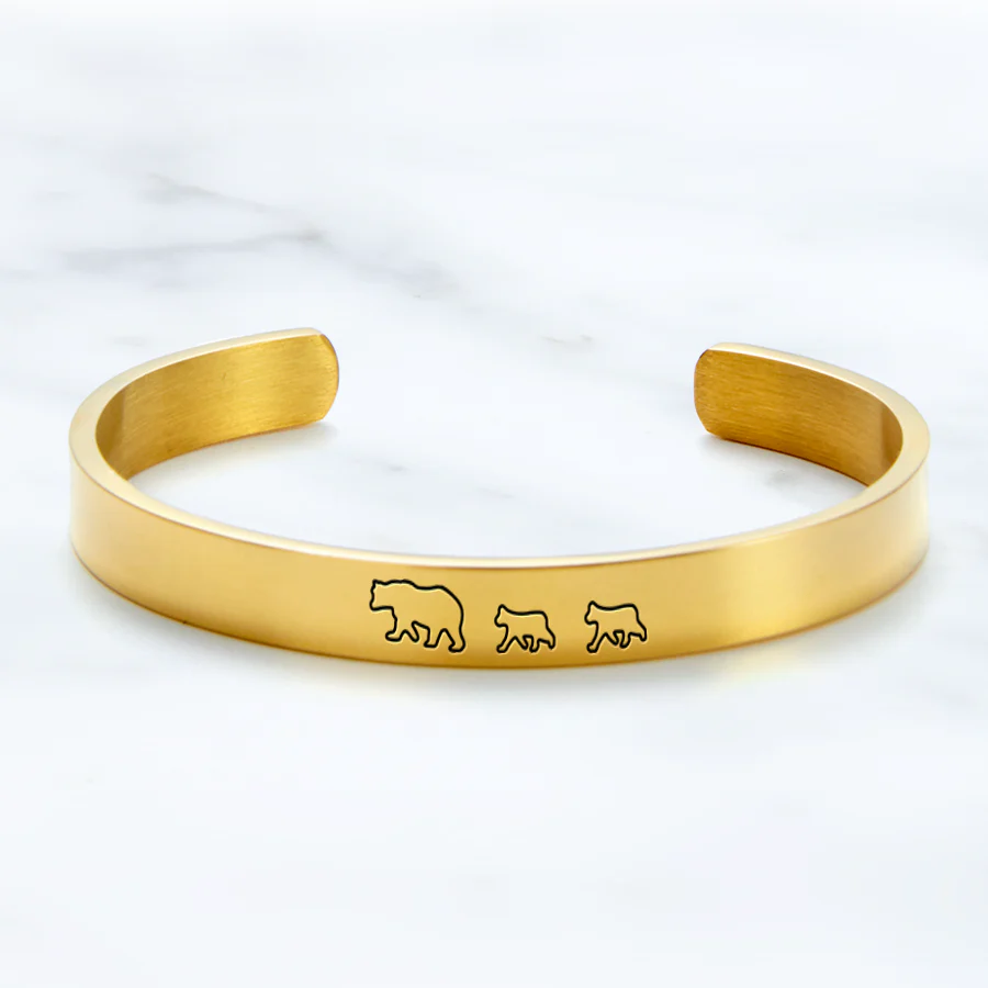 Mama Bear & Her Baby Bears Engraved Cuff Bracelet