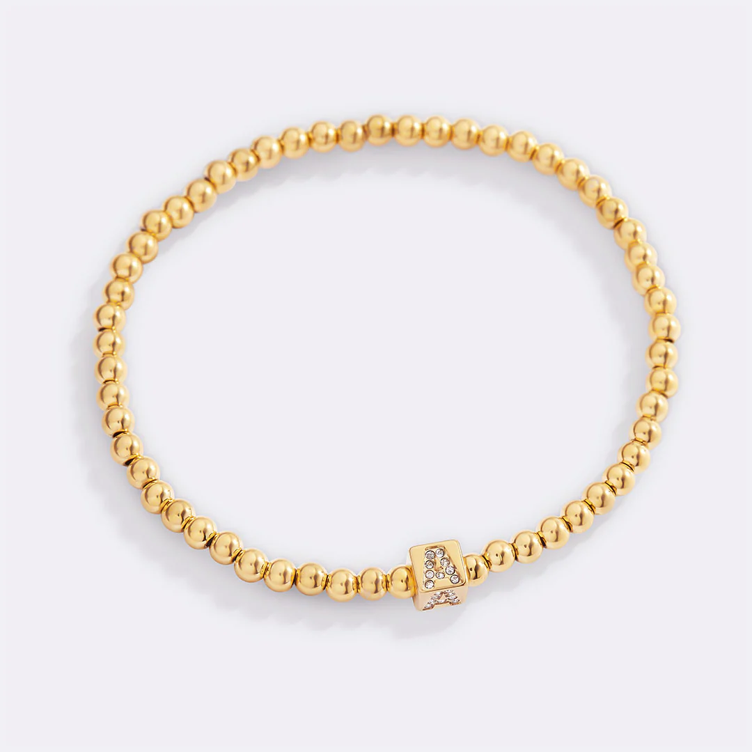 Gold Beaded Block Initial Bracelet