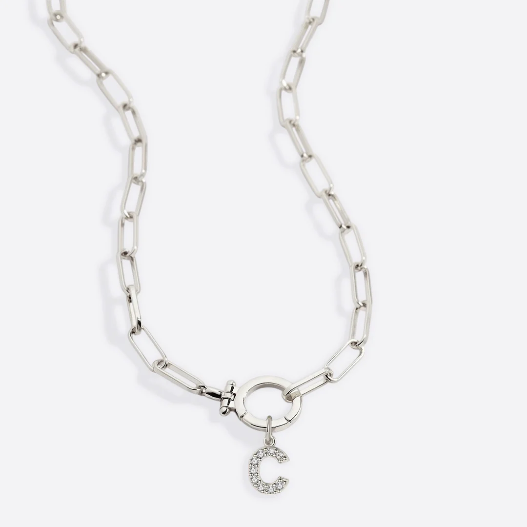 Mint Paperclip Necklace with Pave Initial Charm