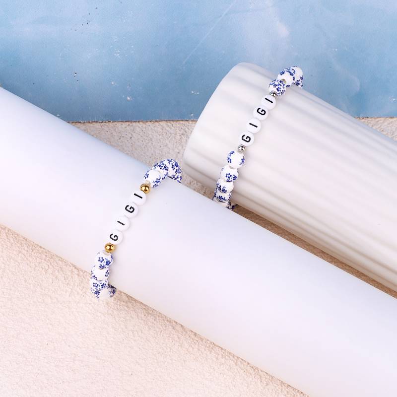 Custom Name Blue Porcelain Floral Beaded Bracelet