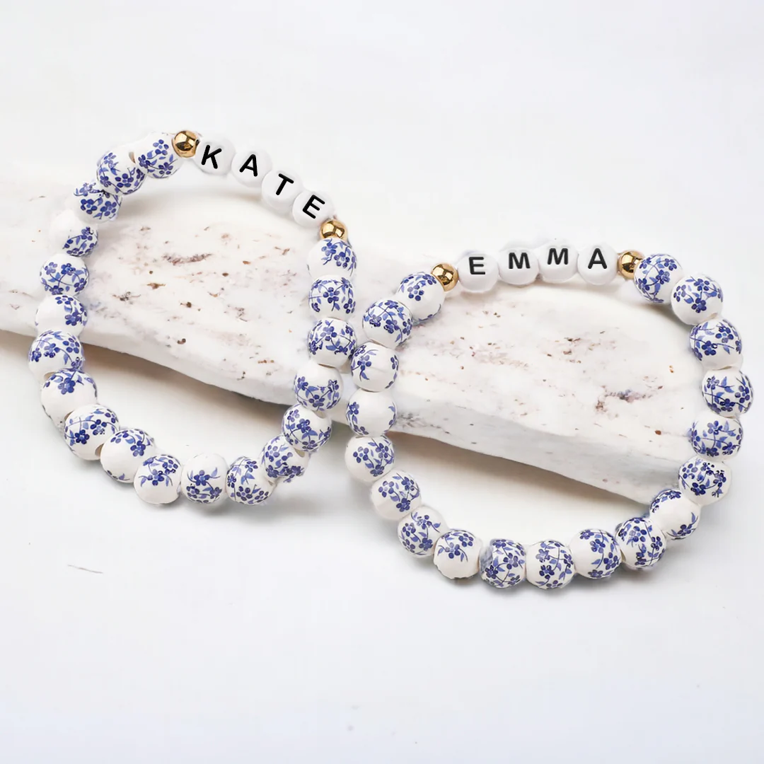 Custom Name Blue Porcelain Floral Beaded Bracelet