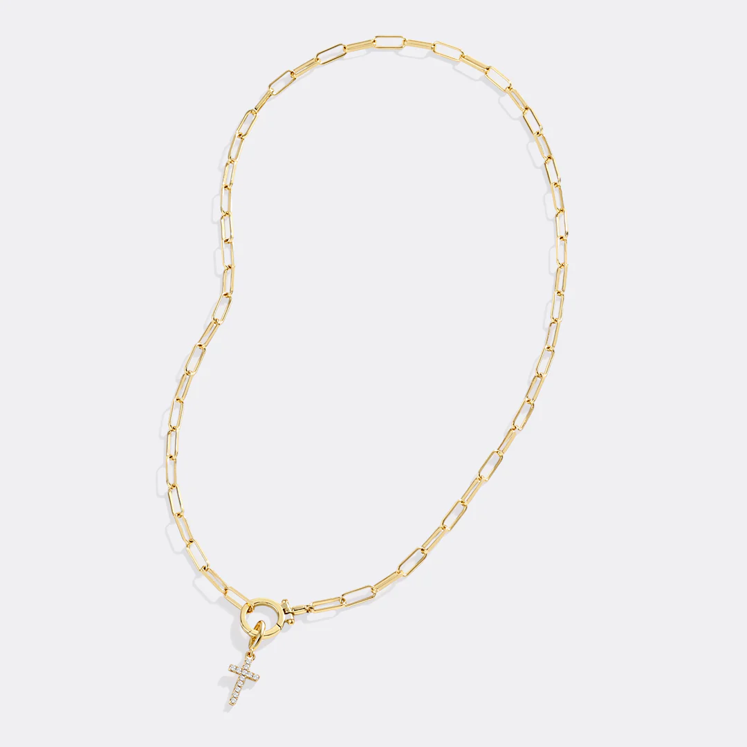 Mint Paperclip Necklace with Pave Cross Charm