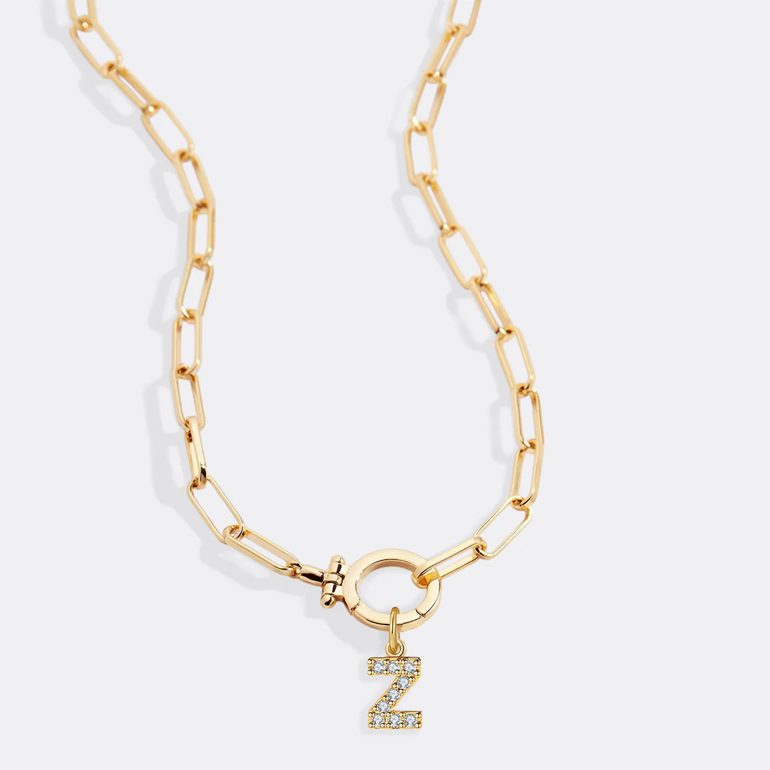 Mint Paperclip Necklace with Pave Initial Charm