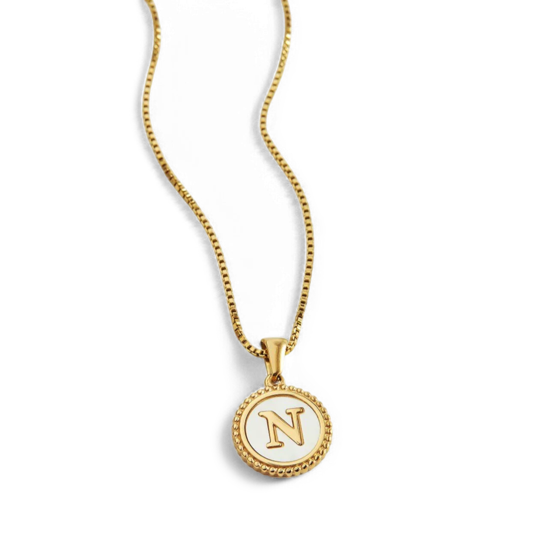Mother of Pearl Disc Letter Necklace with Box Chain