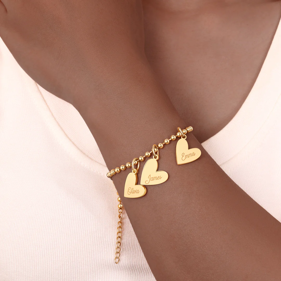 Personalized Beaded Double Heart Charm Bracelet