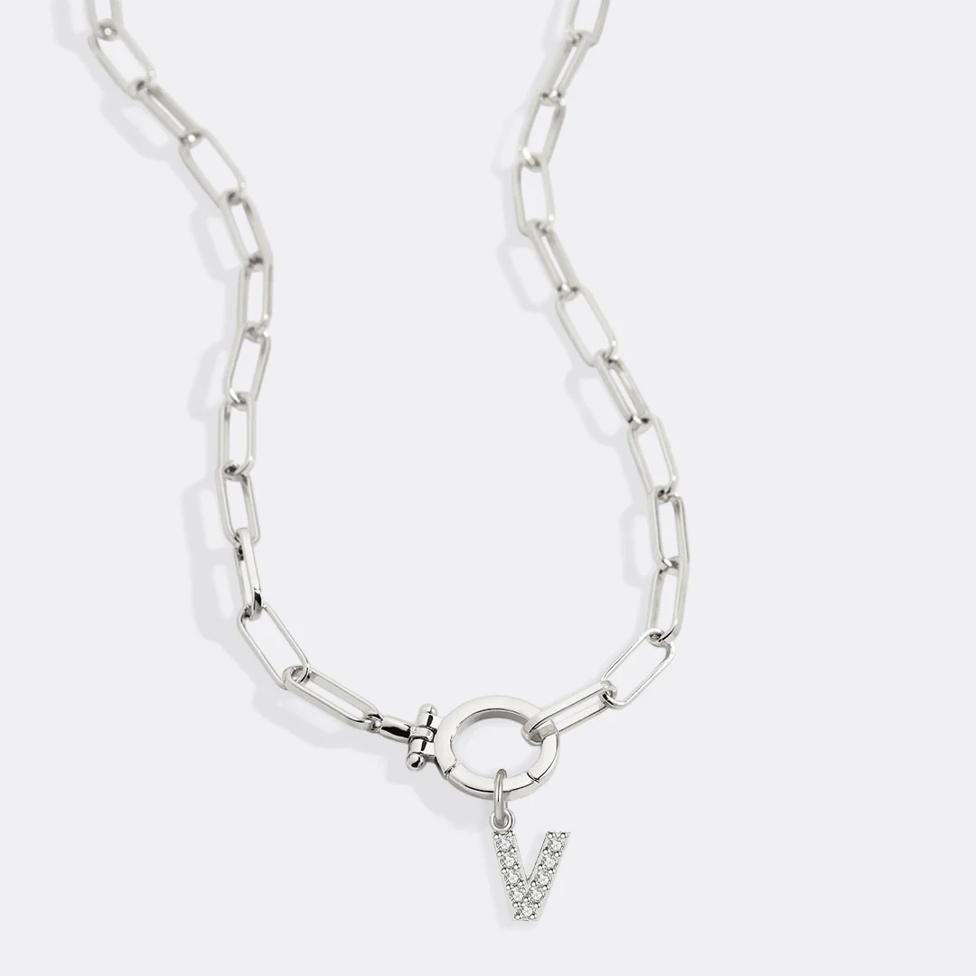 Mint Paperclip Necklace with Pave Initial Charm