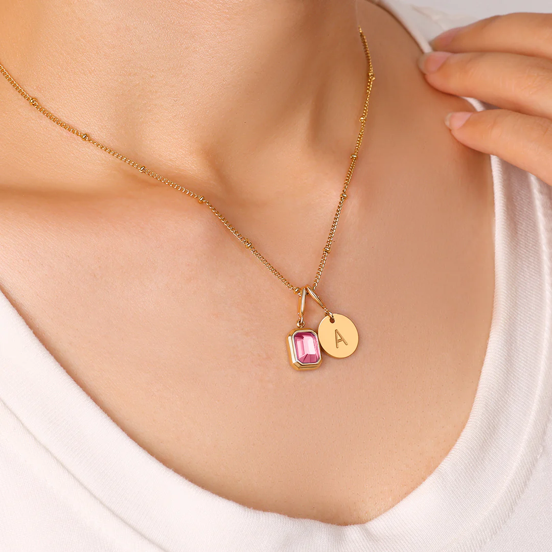 Baguette Birthstone & Initial Necklace