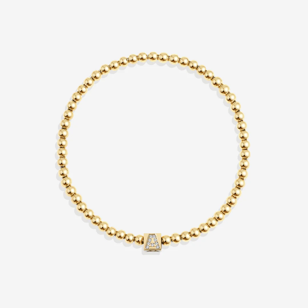 Gold Beaded Block Initial Bracelet