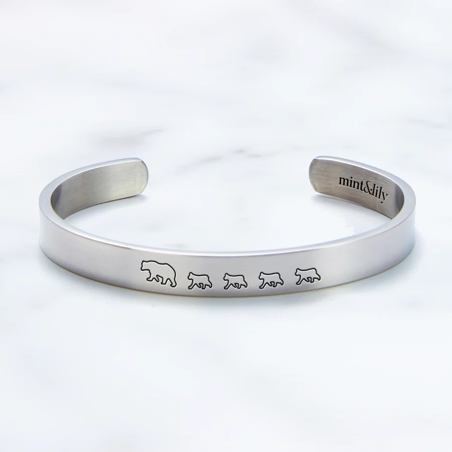 Mama Bear & Her Baby Bears Engraved Cuff Bracelet