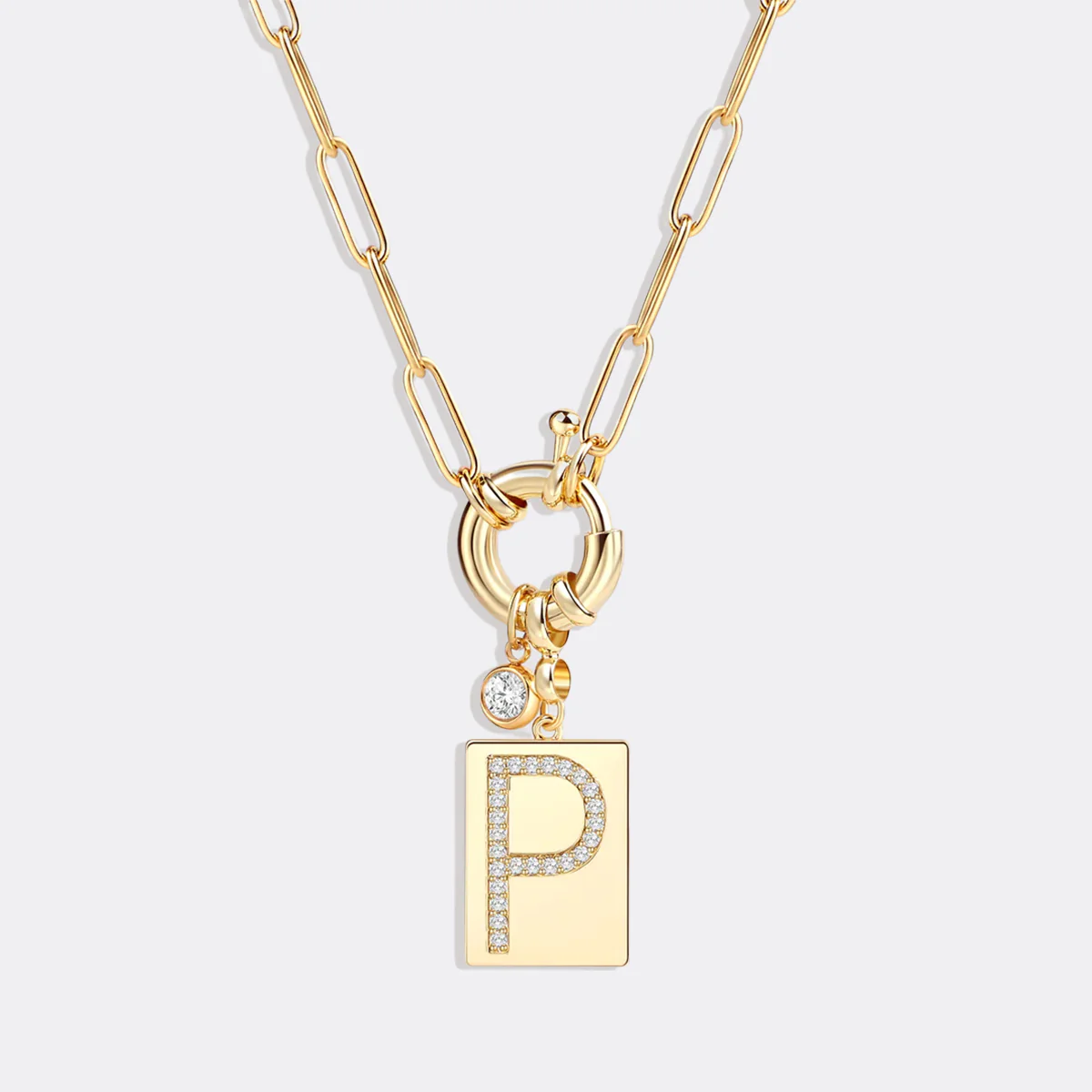 Pave Initial Pendant Necklace with Paperclip Chain