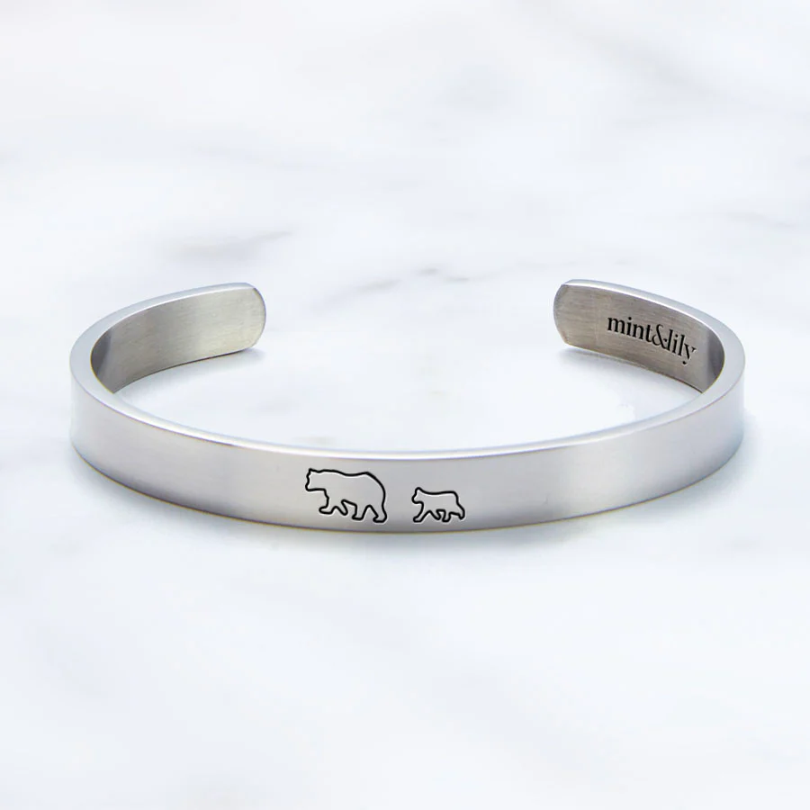 Mama Bear & Her Baby Bears Engraved Cuff Bracelet