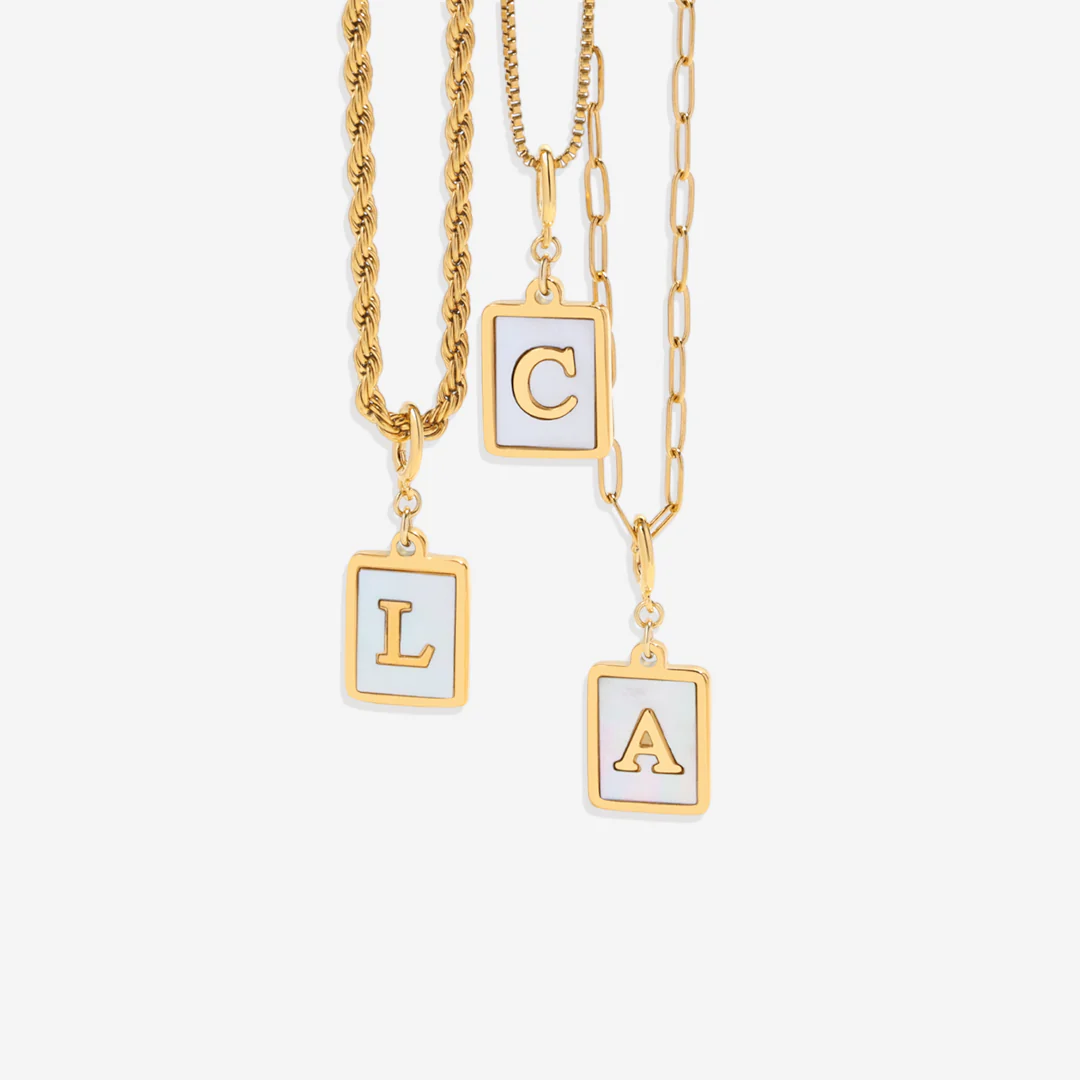 Mother of Pearl Card Initial Necklace | Paperclip Chain