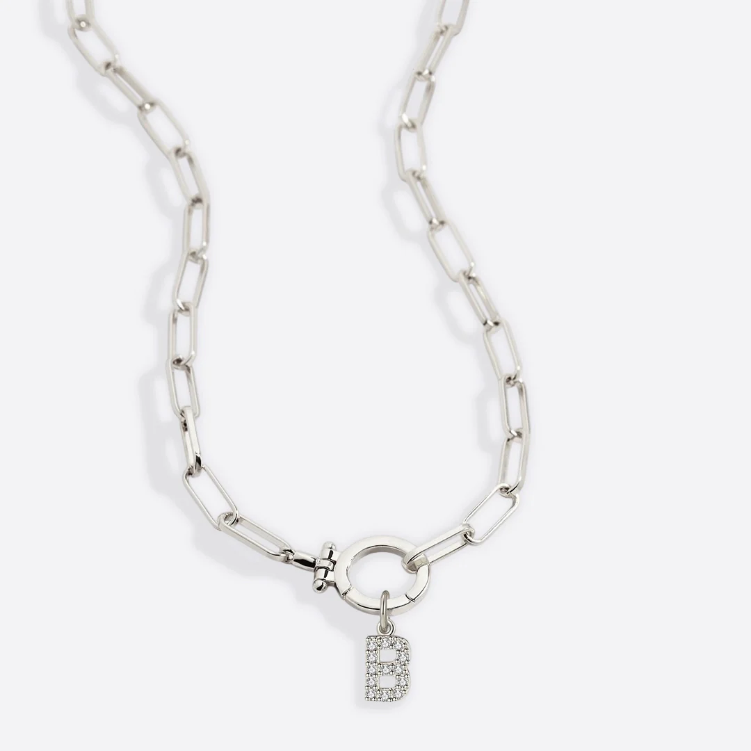 Mint Paperclip Necklace with Pave Initial Charm