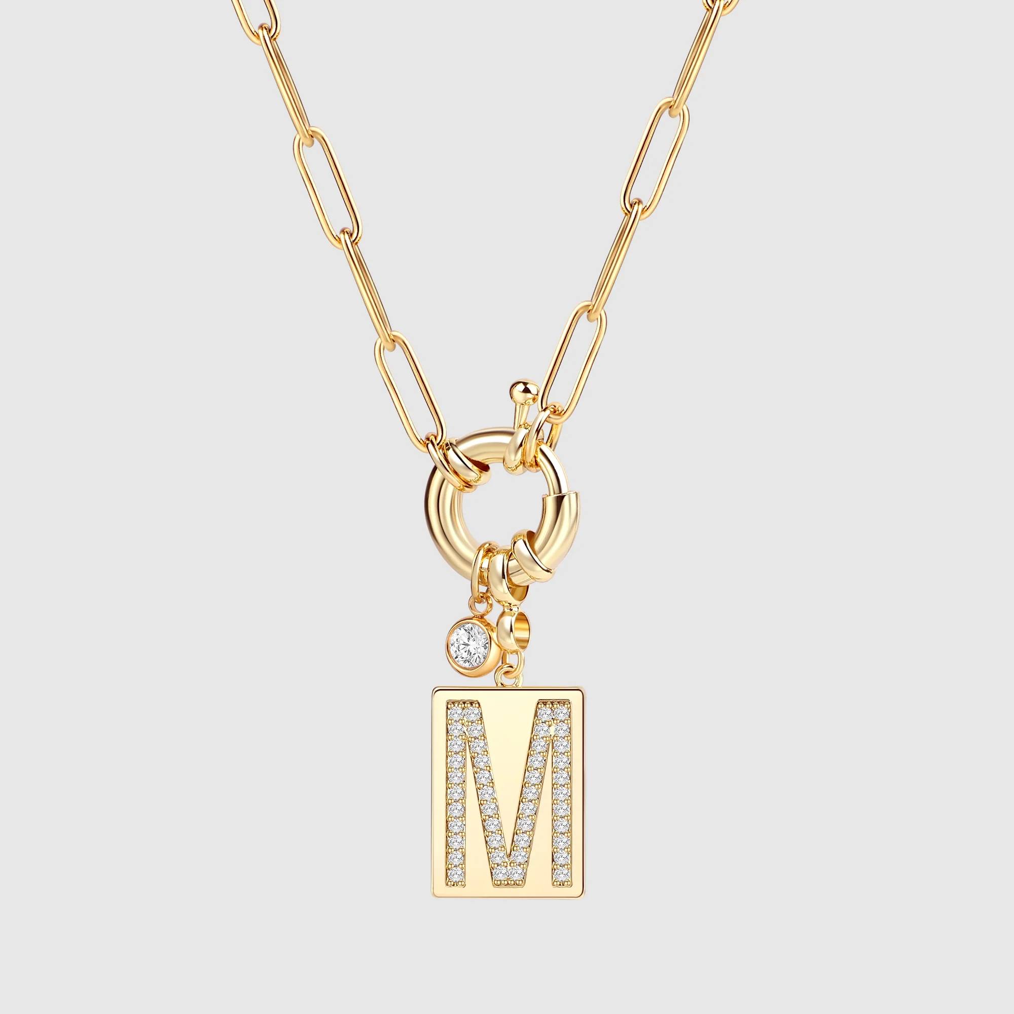 Pave Initial Pendant Necklace with Paperclip Chain