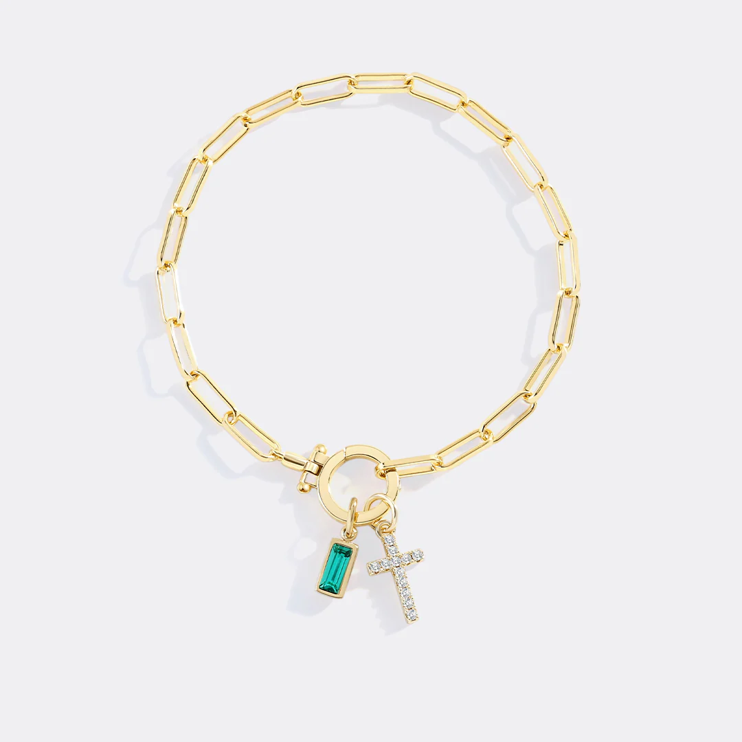 Cross Charm Birthstone Paperclip Bracelet