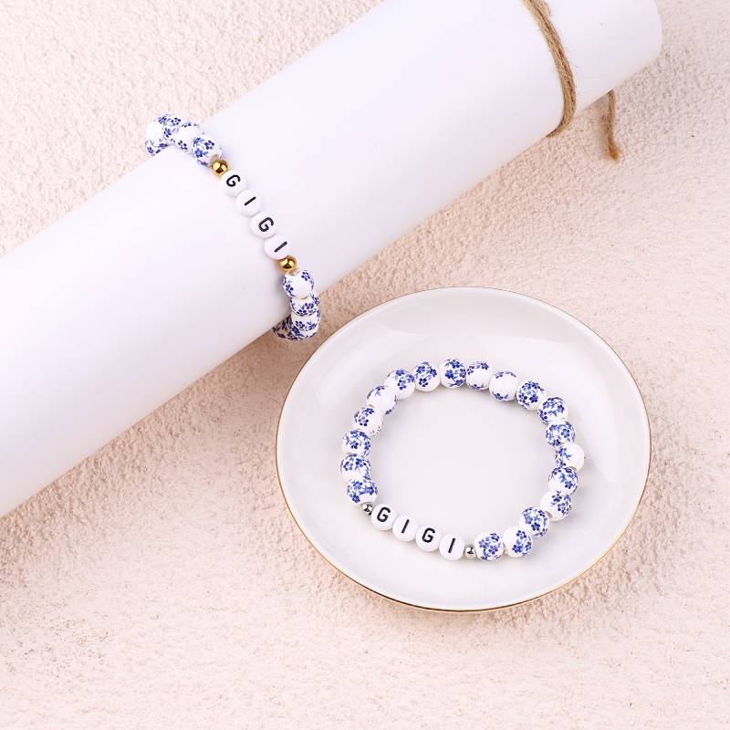 Custom Name Blue Porcelain Floral Beaded Bracelet