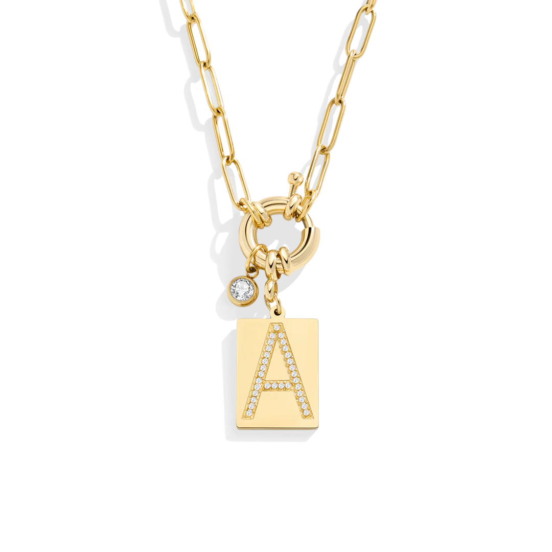 Pave Initial Pendant Necklace with Paperclip Chain