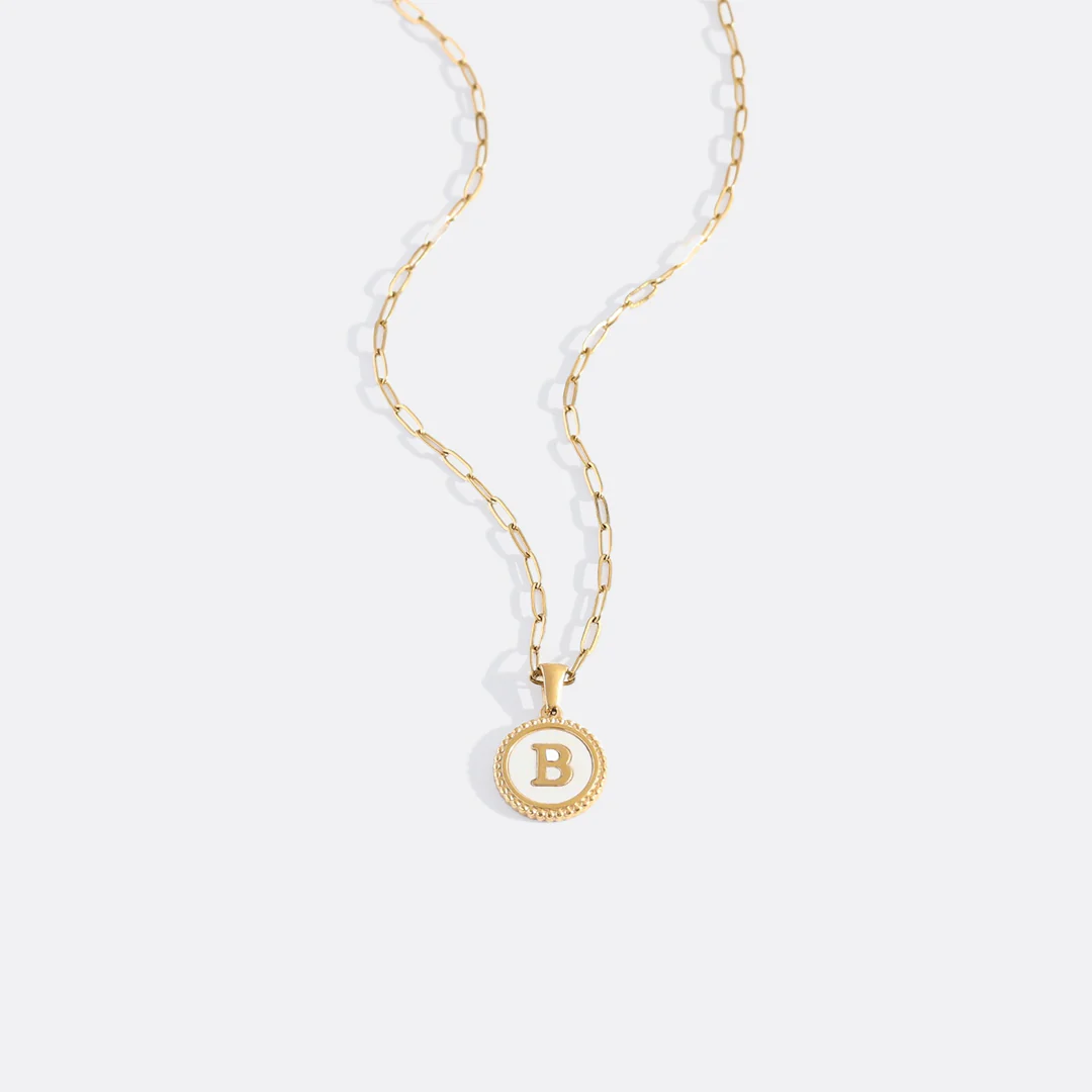 Mother of Pearl Disc Letter Necklace with Paperclip Chain