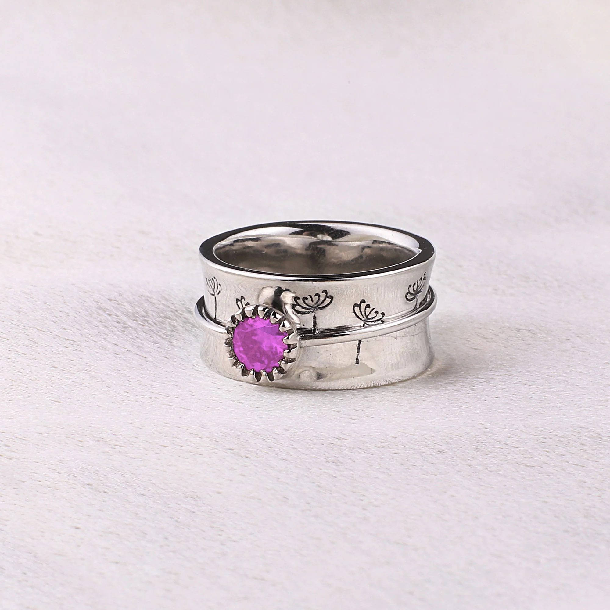 Silver Dandelion Birthstone Spinning Fidget Ring