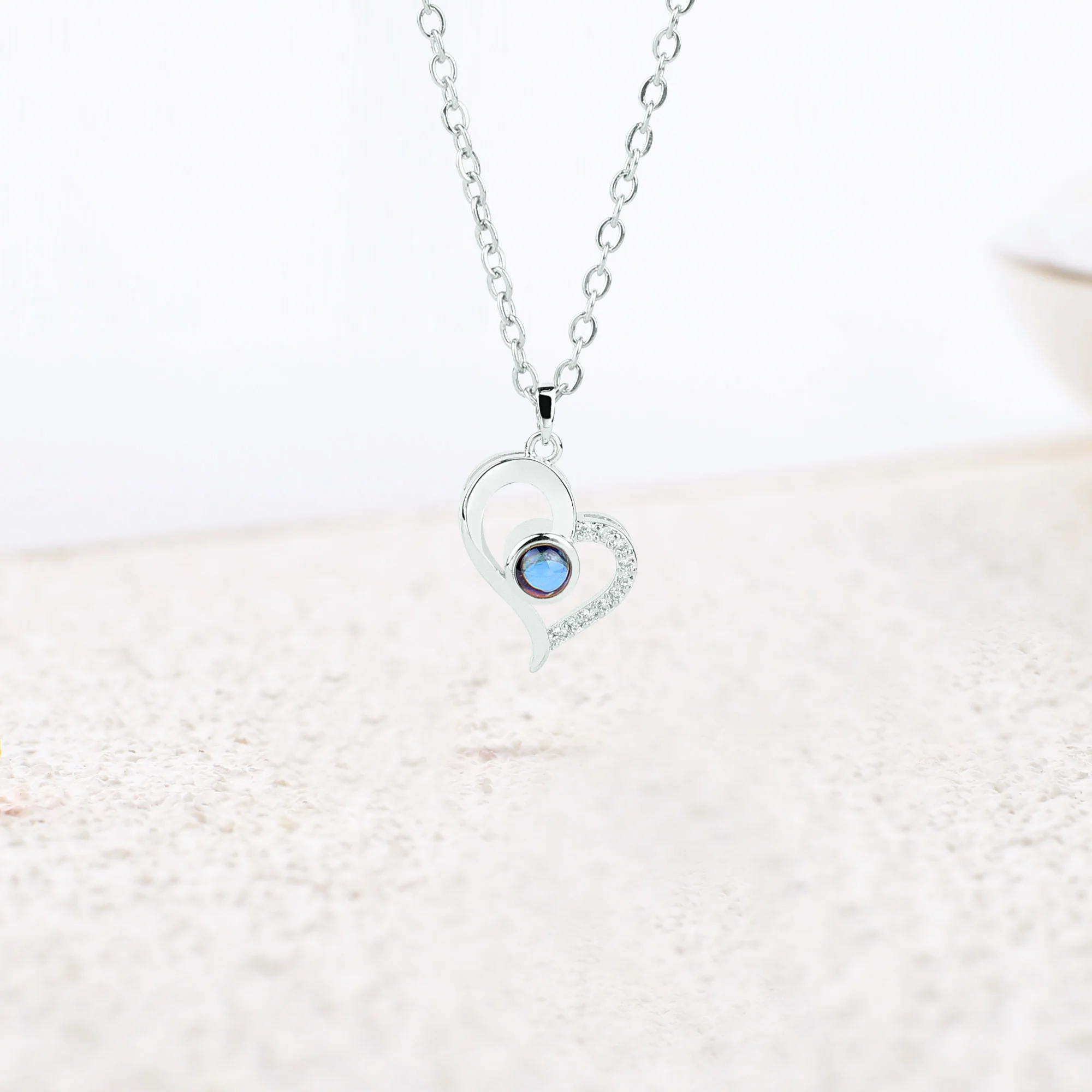 Half Pave Heart Photo Necklace