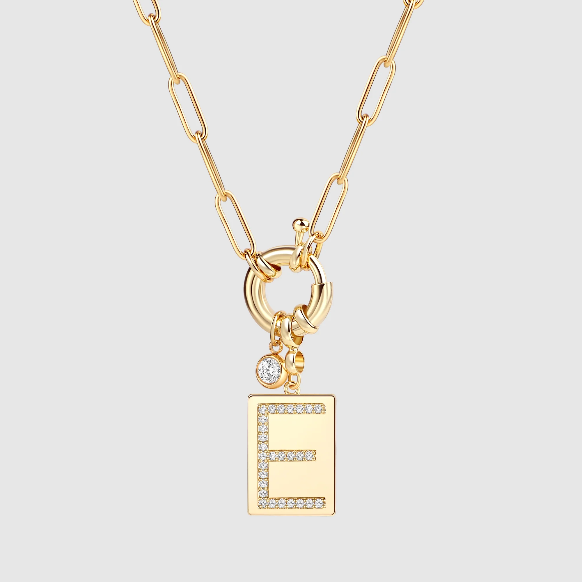 Pave Initial Pendant Necklace with Paperclip Chain
