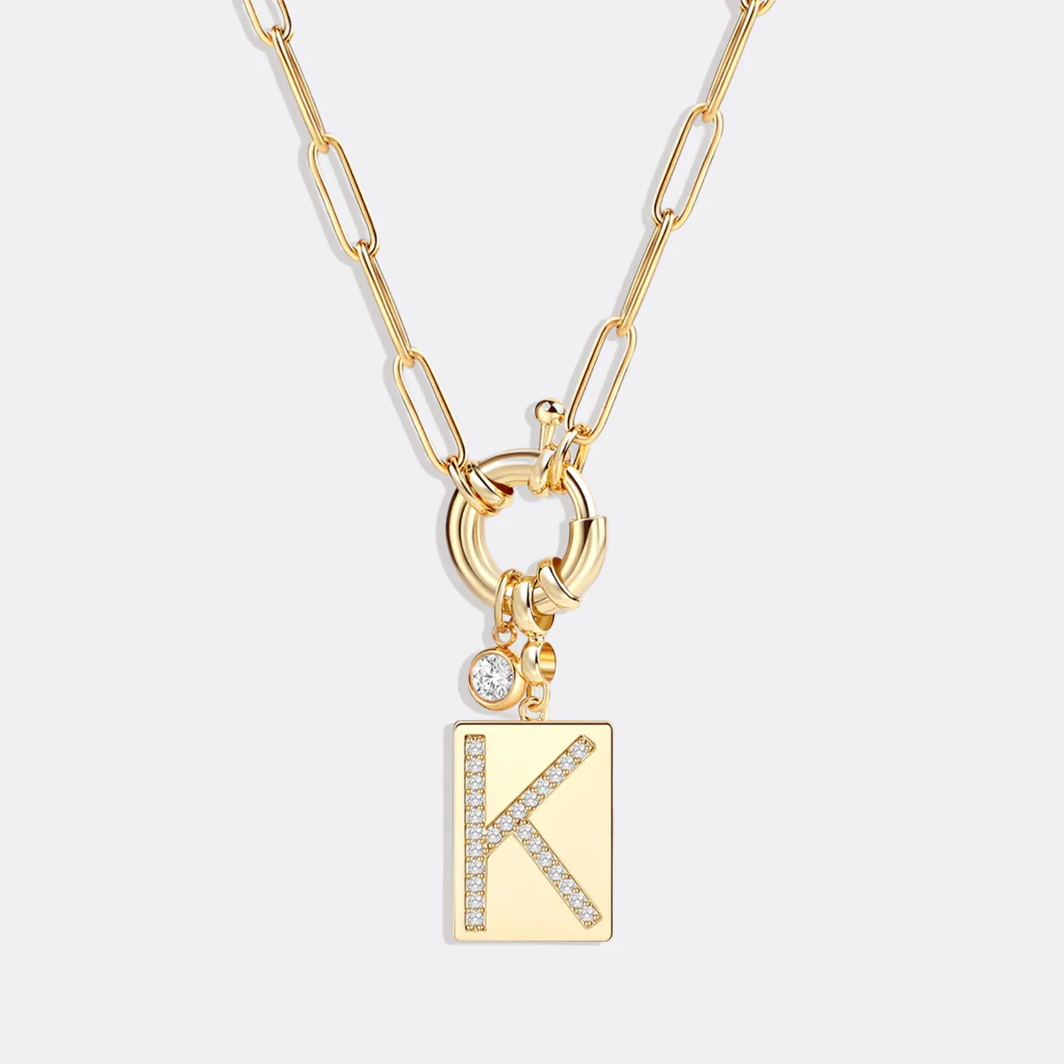 Pave Initial Pendant Necklace with Paperclip Chain