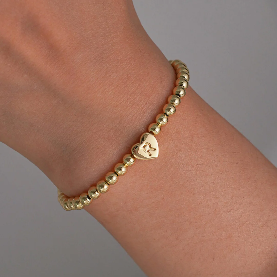 Gold Beaded Bracelet with Heart Initial