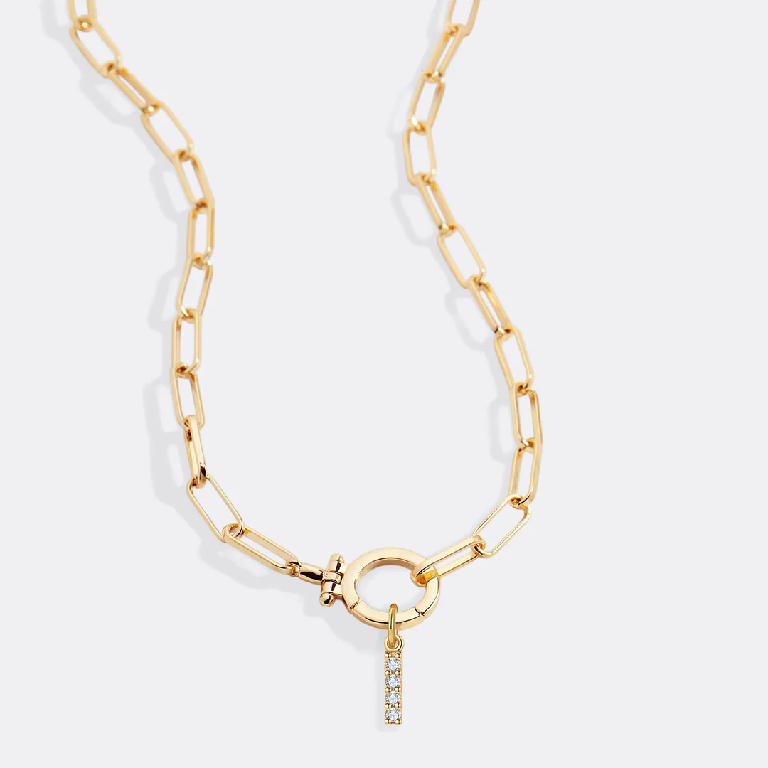 Mint Paperclip Necklace with Pave Initial Charm