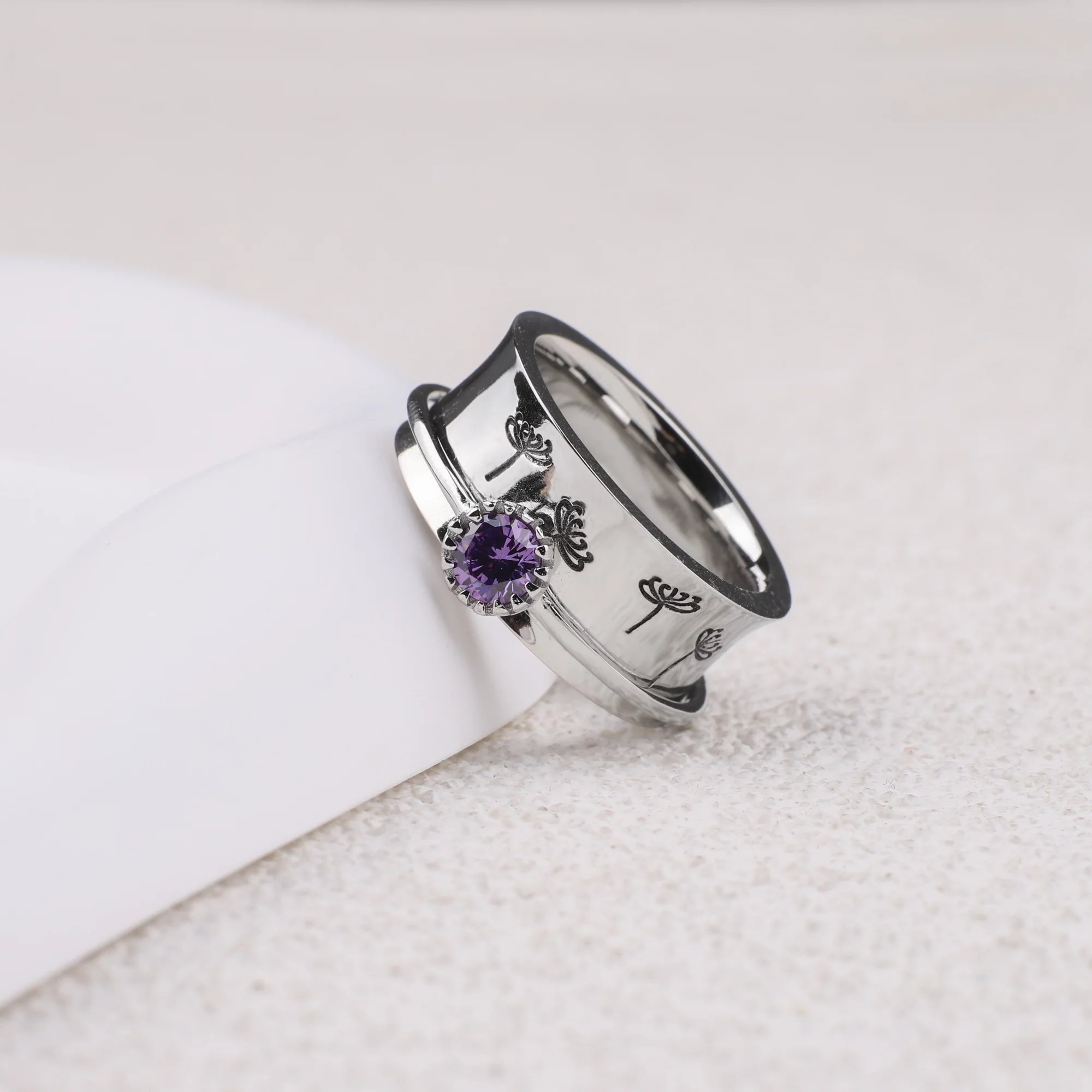Silver Dandelion Birthstone Spinning Fidget Ring