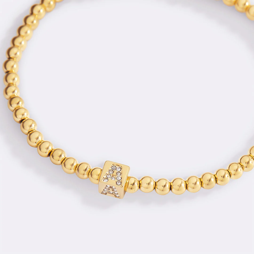 Gold Beaded Block Initial Bracelet