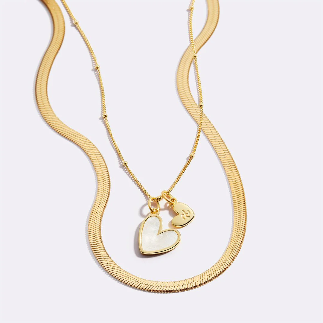 Mother Of Pearl Initial Heart & Herringbone Necklace Set