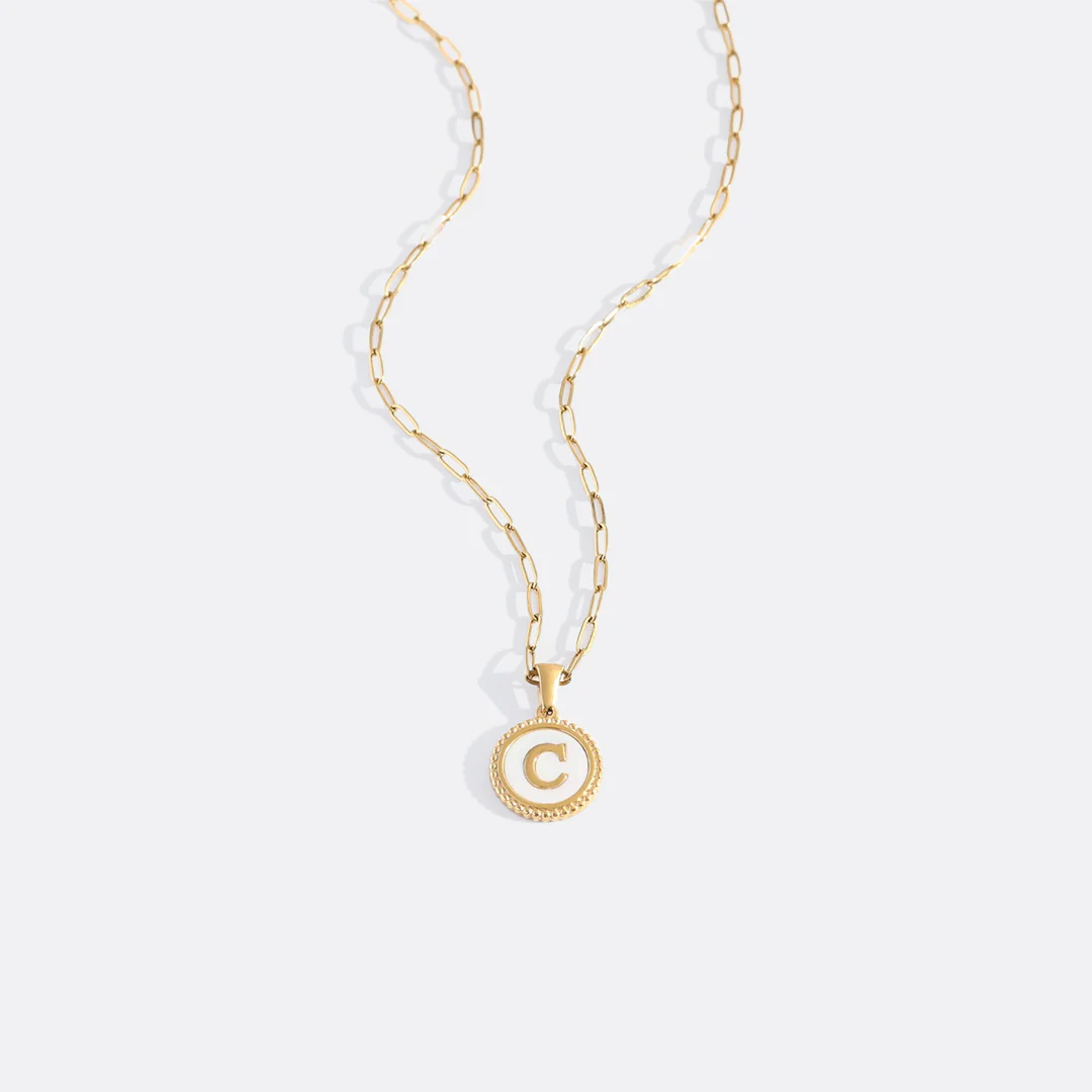 Mother of Pearl Disc Letter Necklace with Paperclip Chain