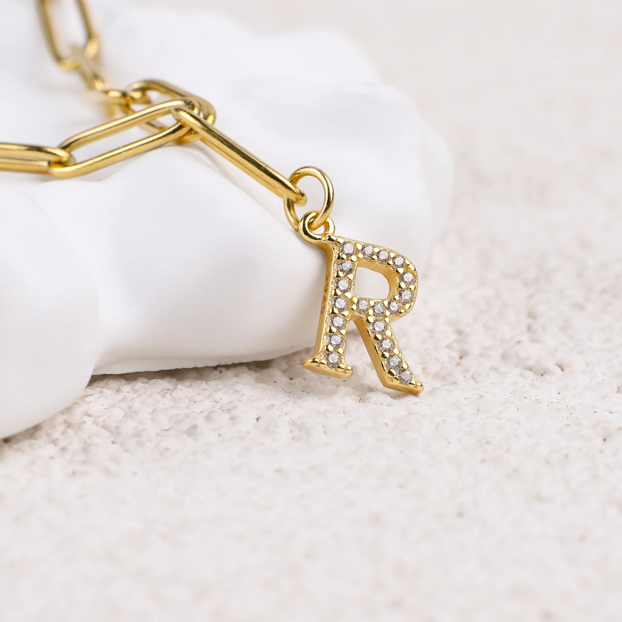 Diamond Letter Pendant Necklace with Paperclip Chain