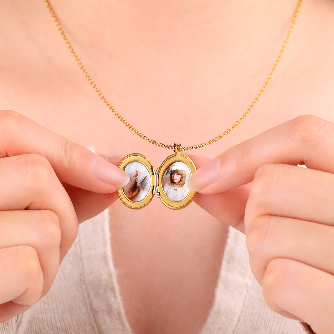 Engraved Oval Photo Locket Necklace