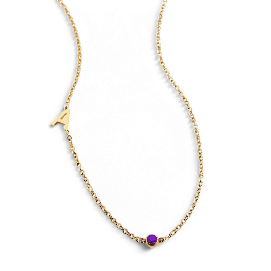 Initial Necklace with Birthstone Accent