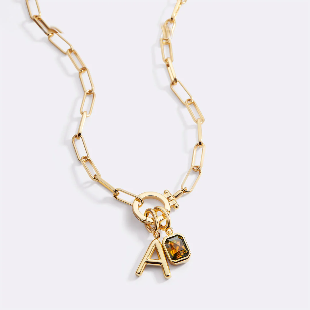 Mint Paperclip Necklace with Initial & Birthstone Charm