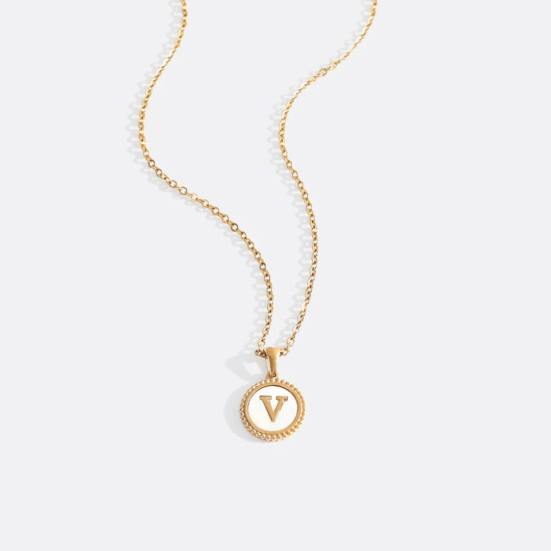 Mother of Pearl Disc Letter Necklace with Cable Chain