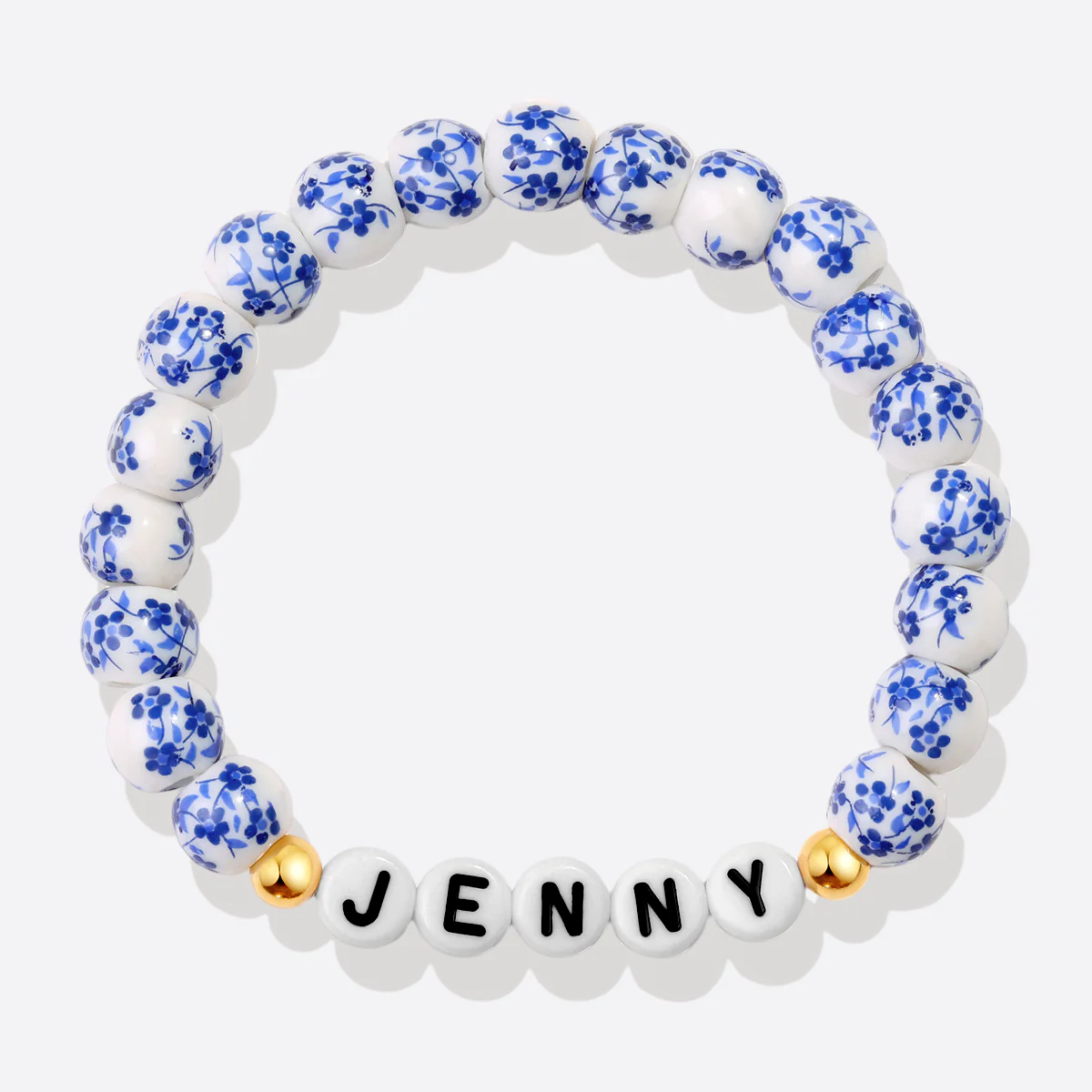 Custom Name Blue Porcelain Floral Beaded Bracelet